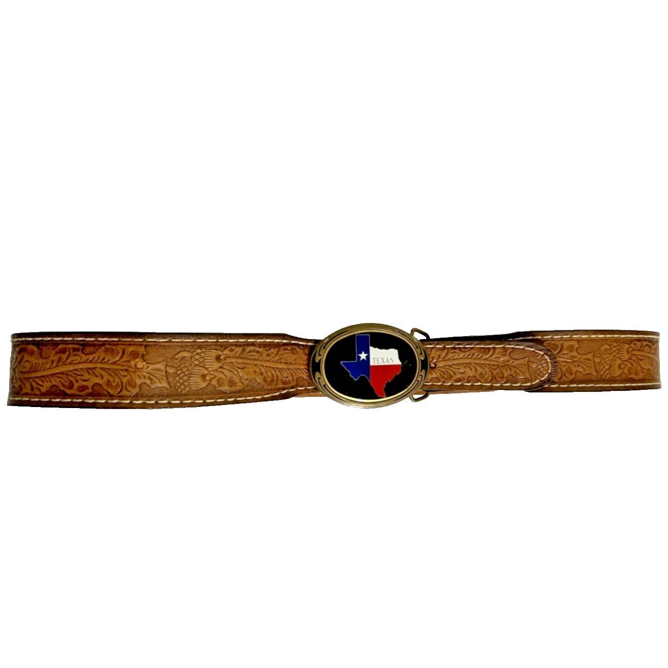 NAP State of Texas Flag Brass Belt Buckle 1986 Vintage Tooled Leather 38 Belt