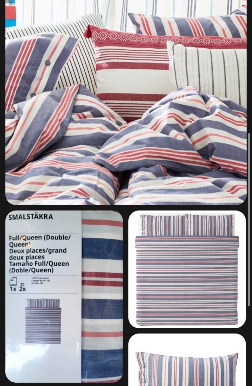 Ikea SMALSTAKRA Full/Queen Duvet Cover w/2 Pillowcases Bed Set Blue Red Stripe