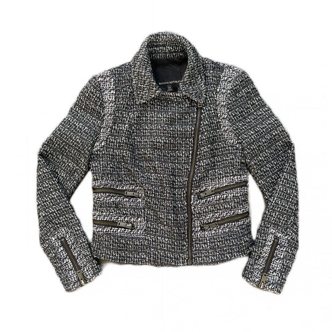 Banana Republic Tweed Moto Jacket Petite 00 Black White Asymmetrical Zip Pockets