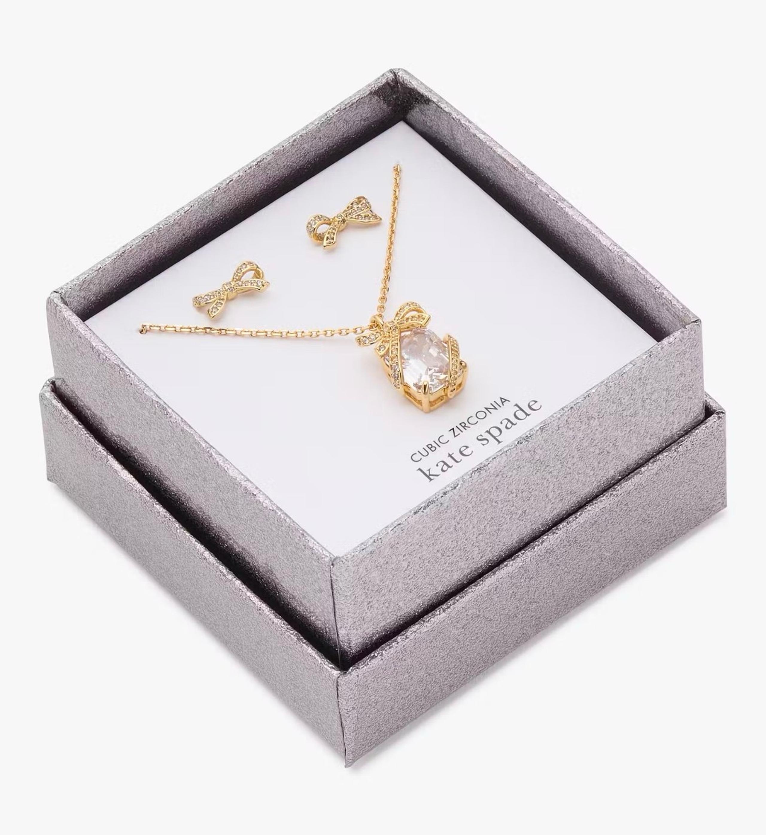 Kate Spade clear/gold Pavé Present Pendant Necklace & Studs in gift box