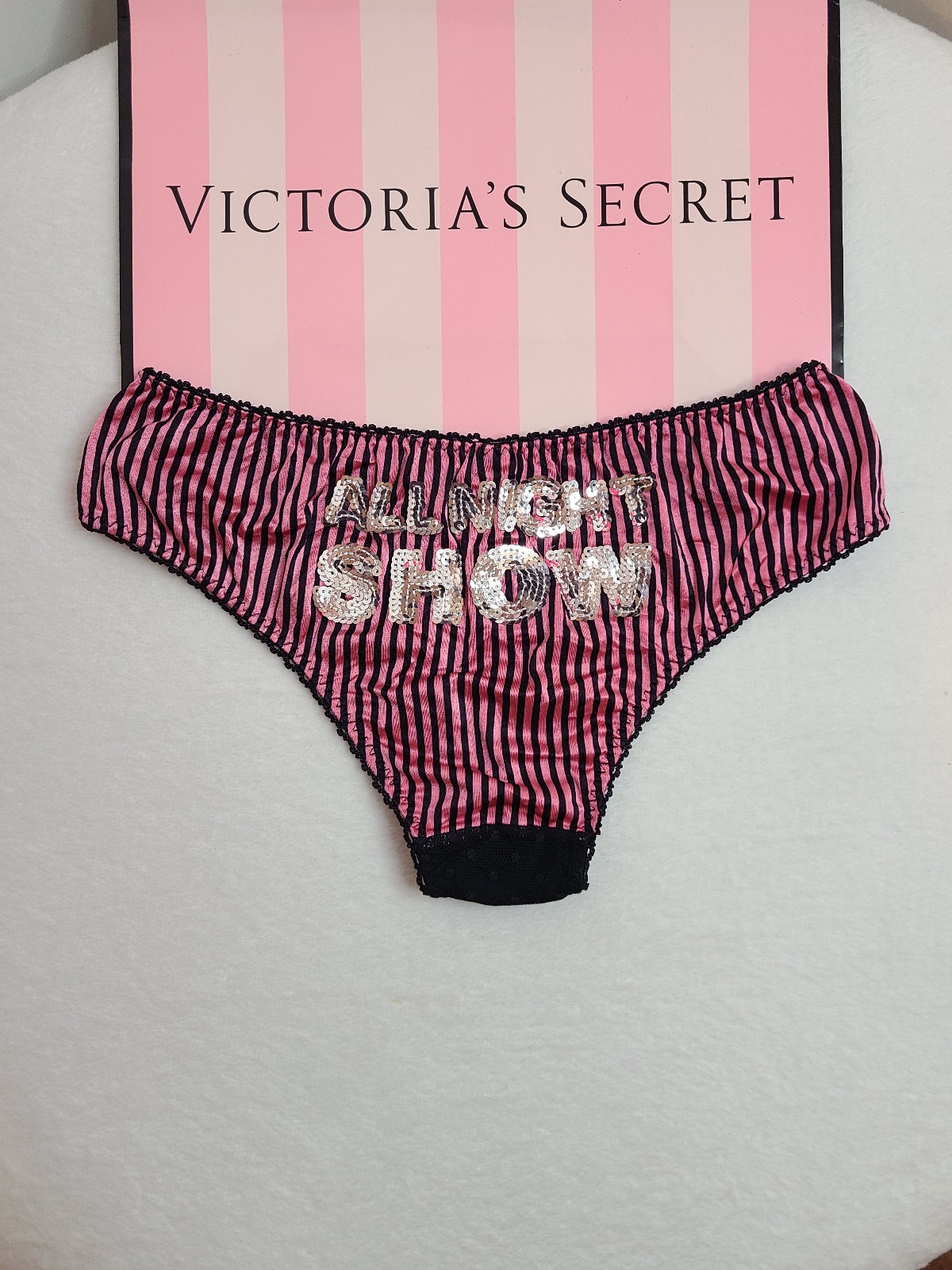 VTG VS Sexy Little Things Silky Satin Stripes Bling Cheeky Panty Size Sm