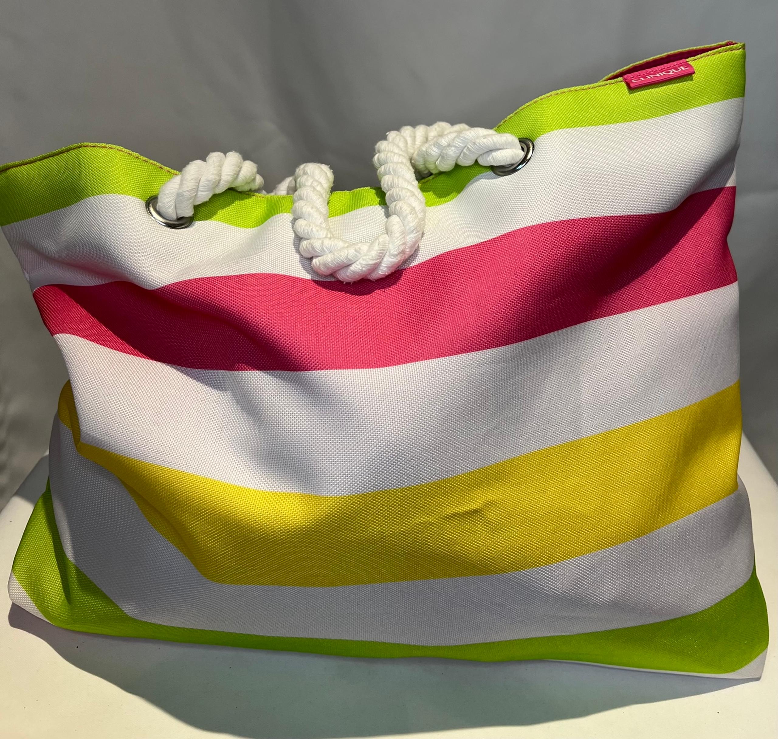 Clinique Tote Vibrant Pink and Yellow Striped Beach Bag with Rope Handles
