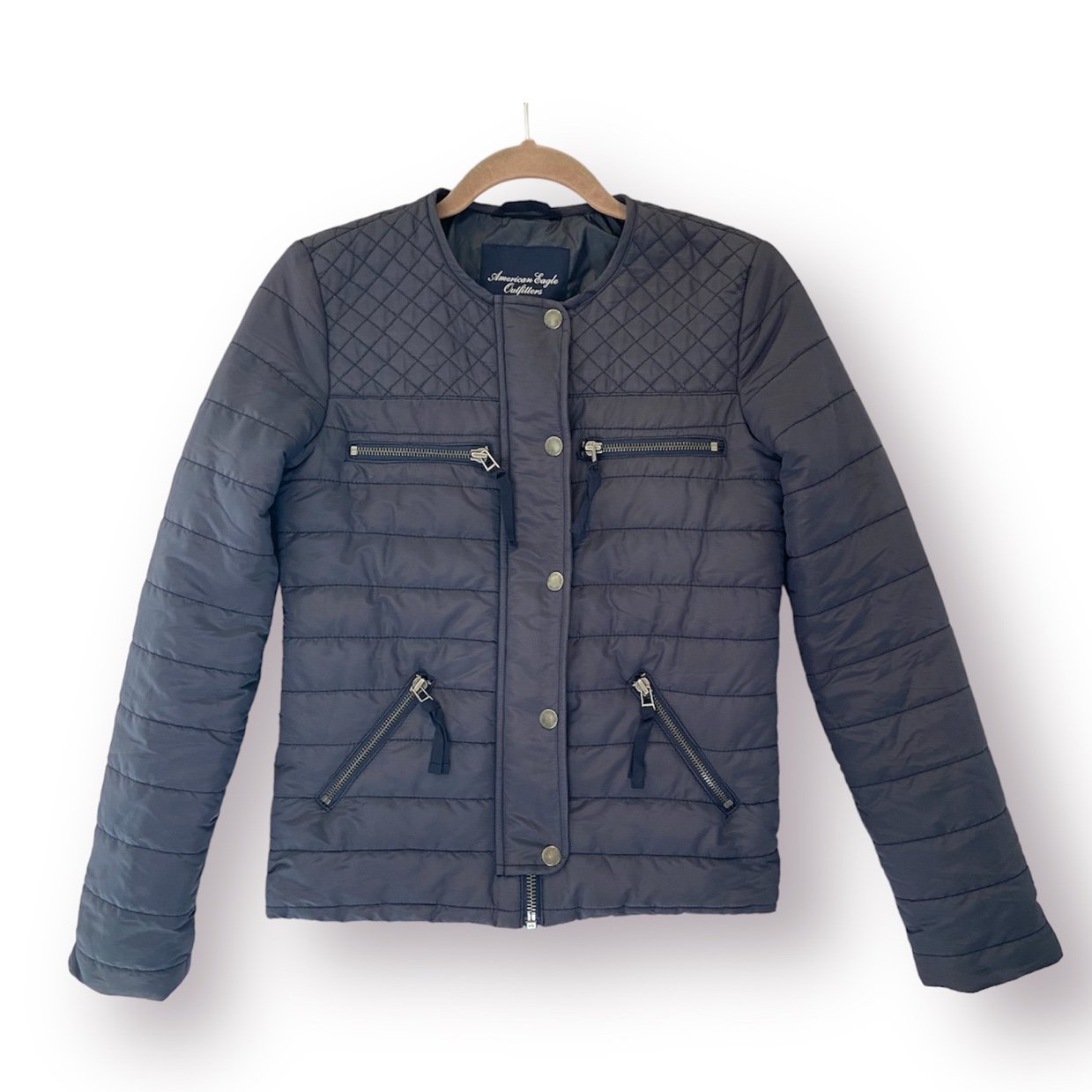 AMERICAN EAGLE Navy Blue Quilted Puffer Moto Bomber Jacket XXS
