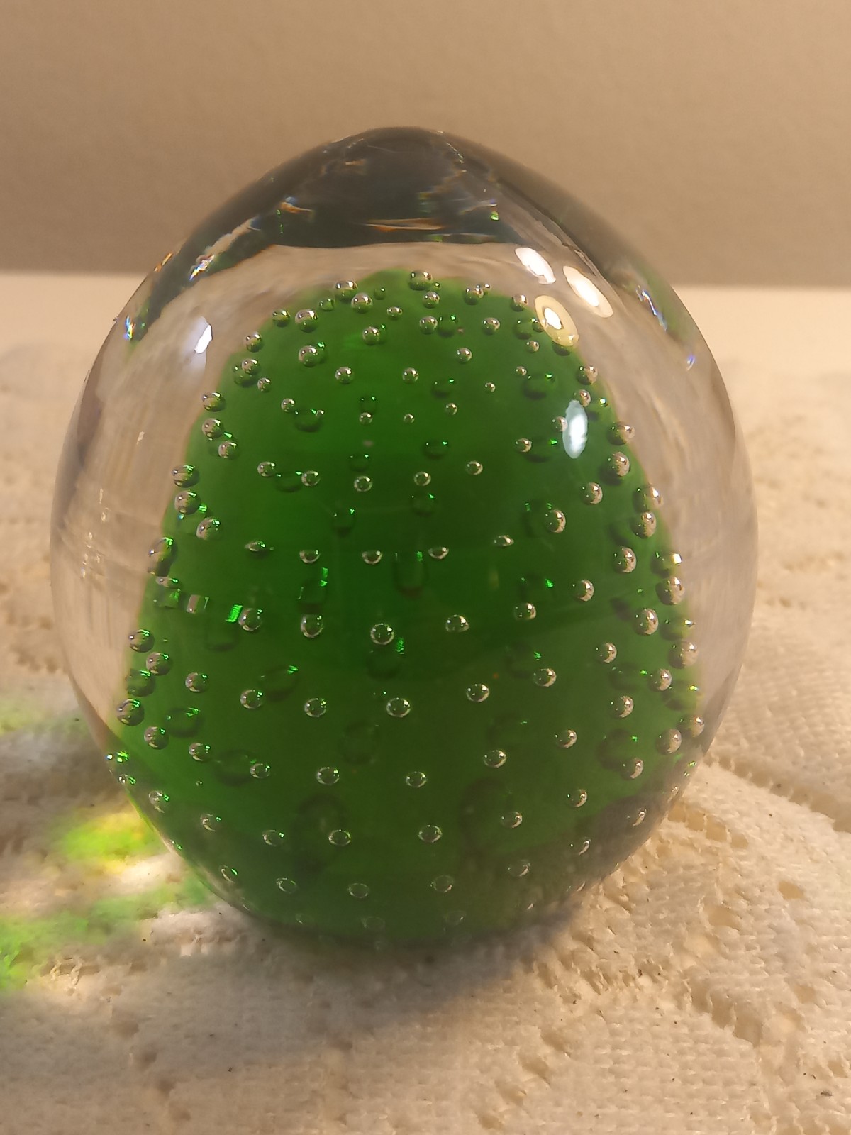 Emerald &Clear Studio Art Glass-Controlled Bubbles Murano Style 4” Paperweight