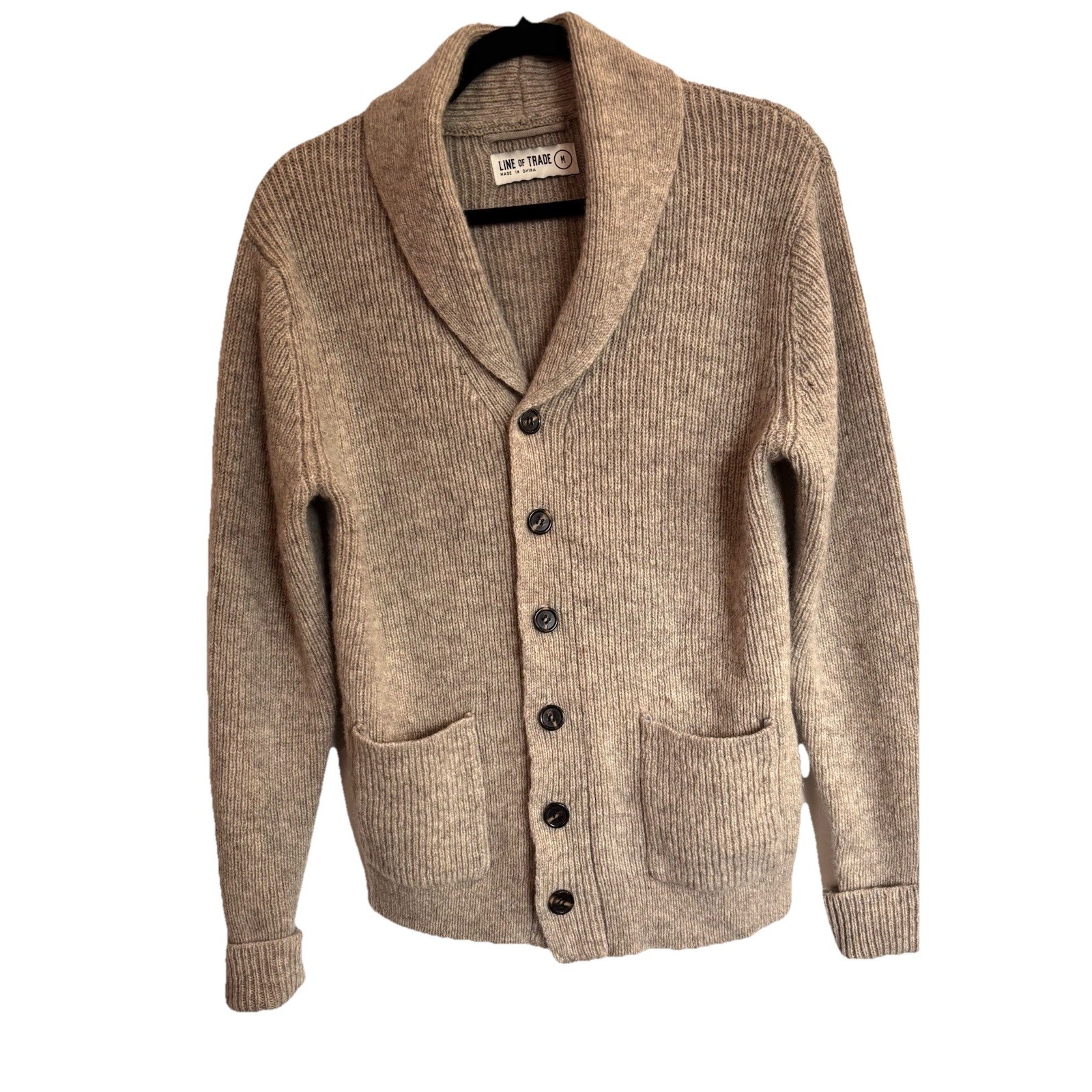 Line Of Trade Men Cardigan Medium 100% Shetland Wool Shawl Collar Beige Grandpa