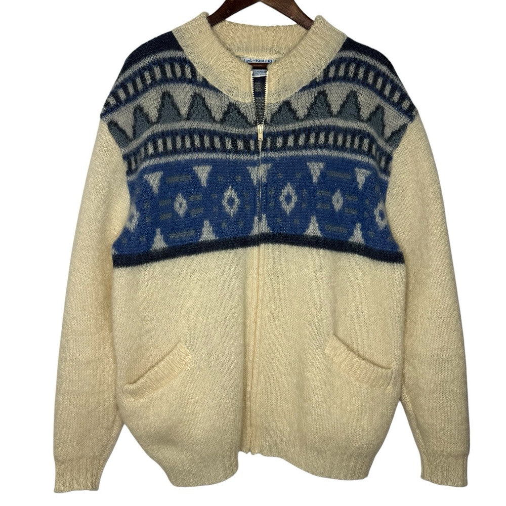 Vintage 80s Les Knit XL 100% Pure Wool Zip Sweater Made In Iceland Fair Isle