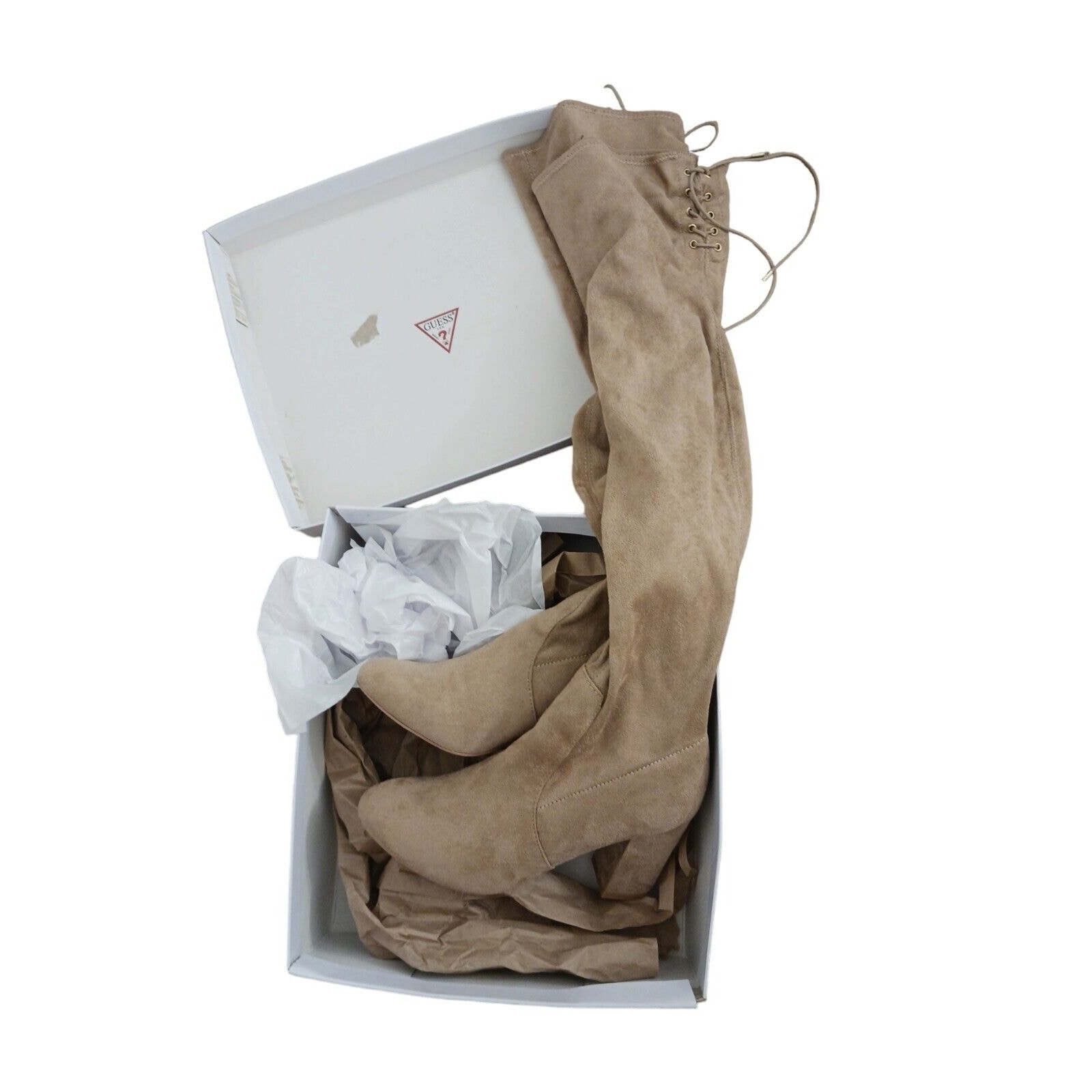 Guess Over Knee Boots Sz 8 TAN Nude High Block Heel Gold Zip w BOX Dressy Glam