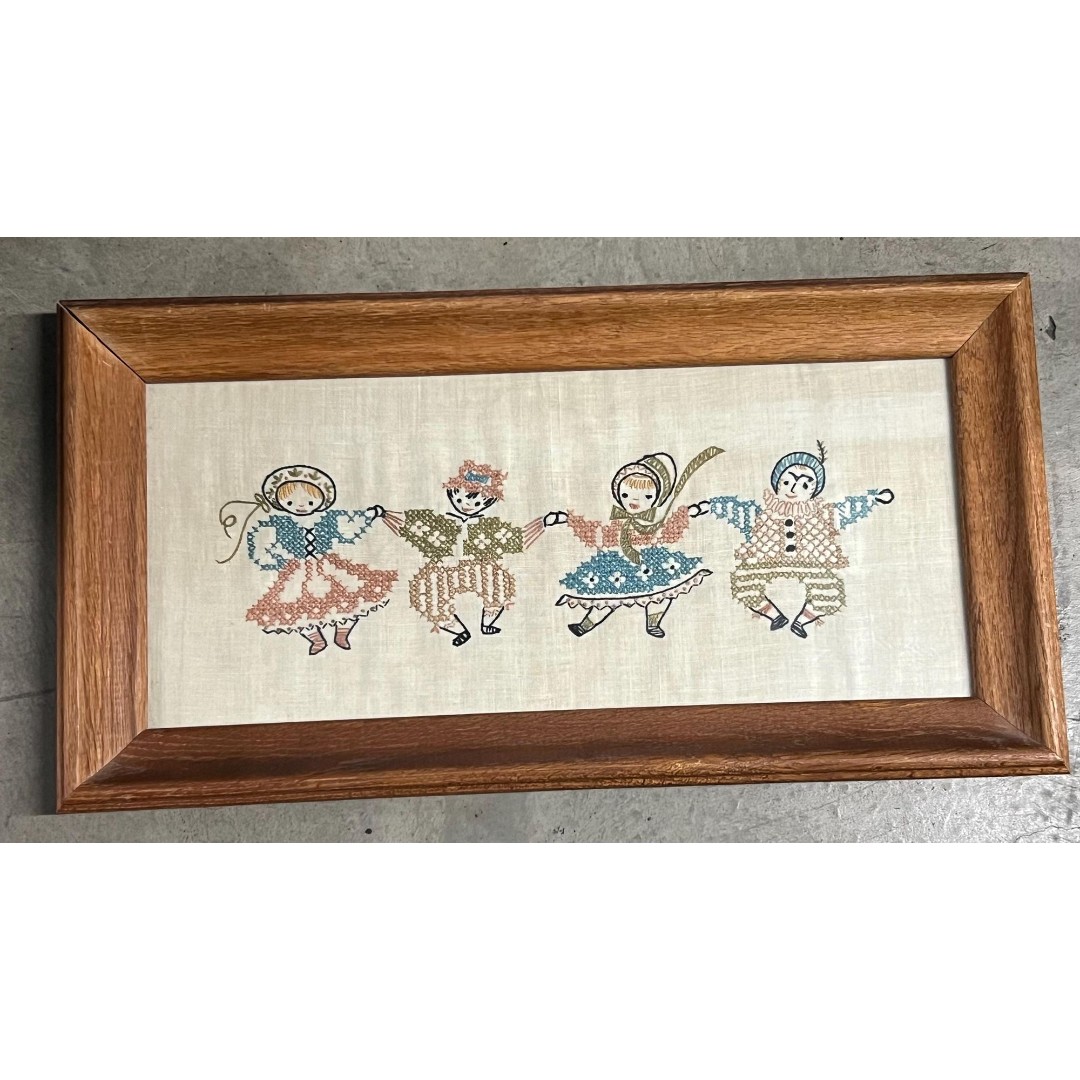 Vintage Framed Cross Stitch Sampler Whimsical Folk Art Dancers Children