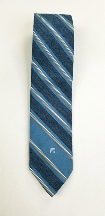 Givenchy Gentlemen Paris Men's Embroidered Logo Blue Tan Camel White Stripe Tie
