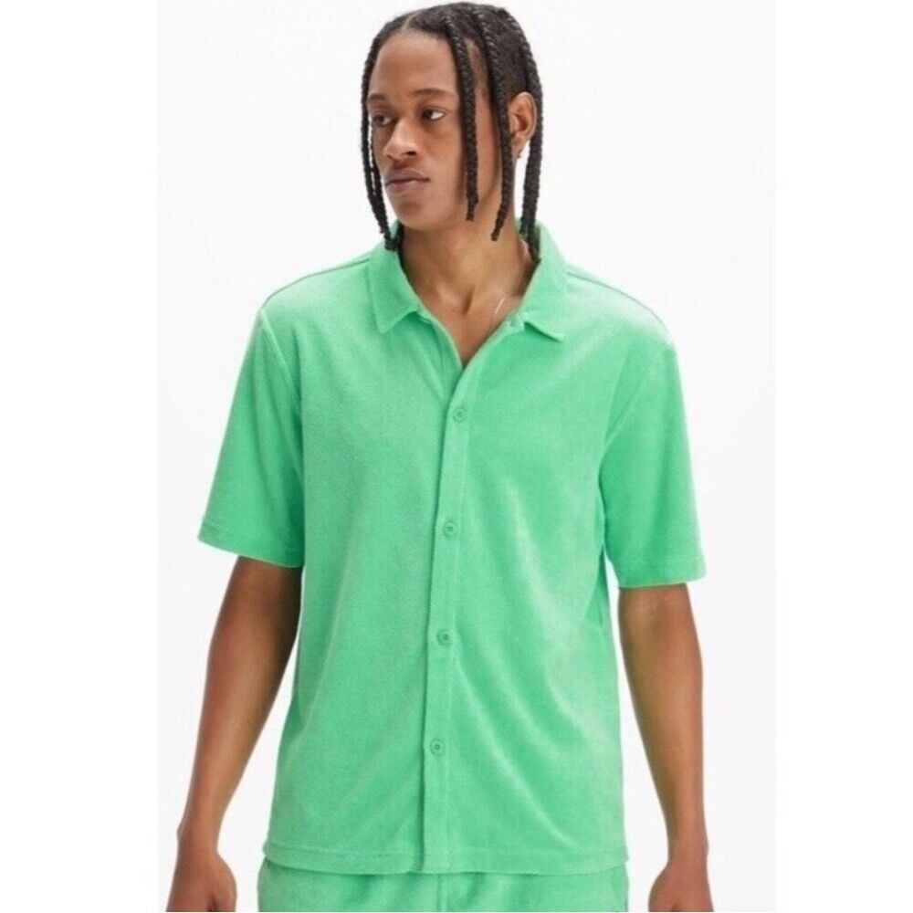 Fabletics The Island Green Terry Cloth Button-Front Short Sleeve Shirt Sz S