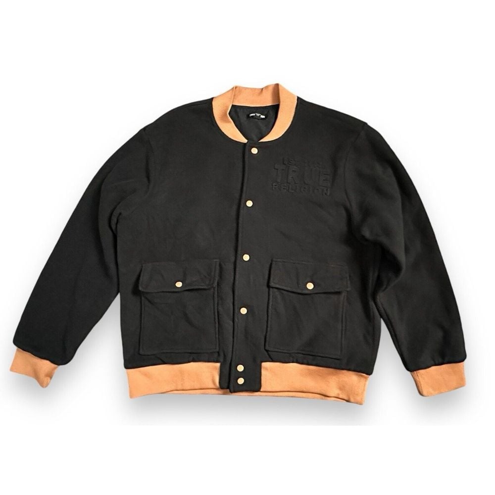 True Religion Fleece Bomber Utility Jacket Mens Size L Jet Black 199