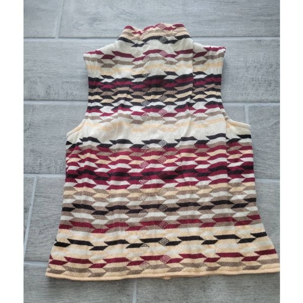 Vintage St. John Sleeveless Knit Mock Neck Tank Shell Aztec Print Reds Beige Bla