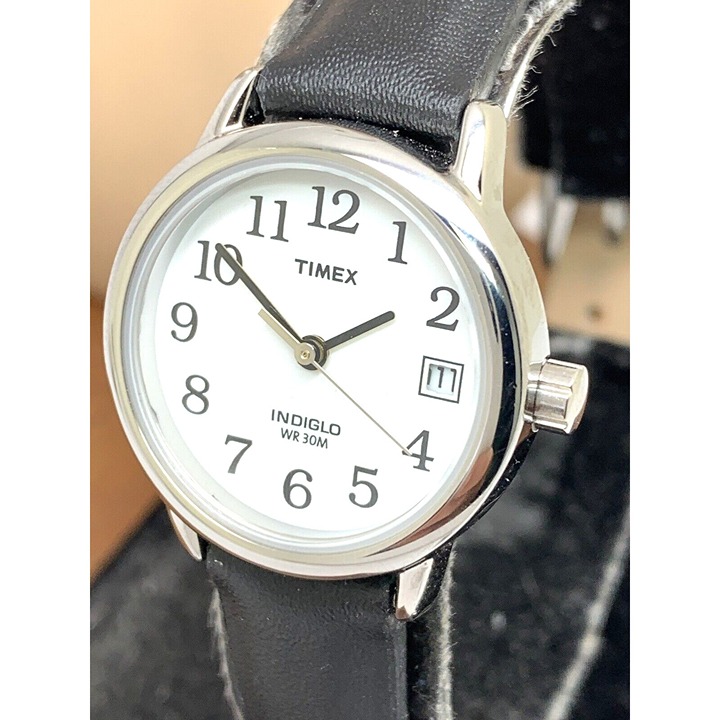 Timex Women's Watch T2H331 Indiglo Quartz Black Leather Band Petite Date 25mm