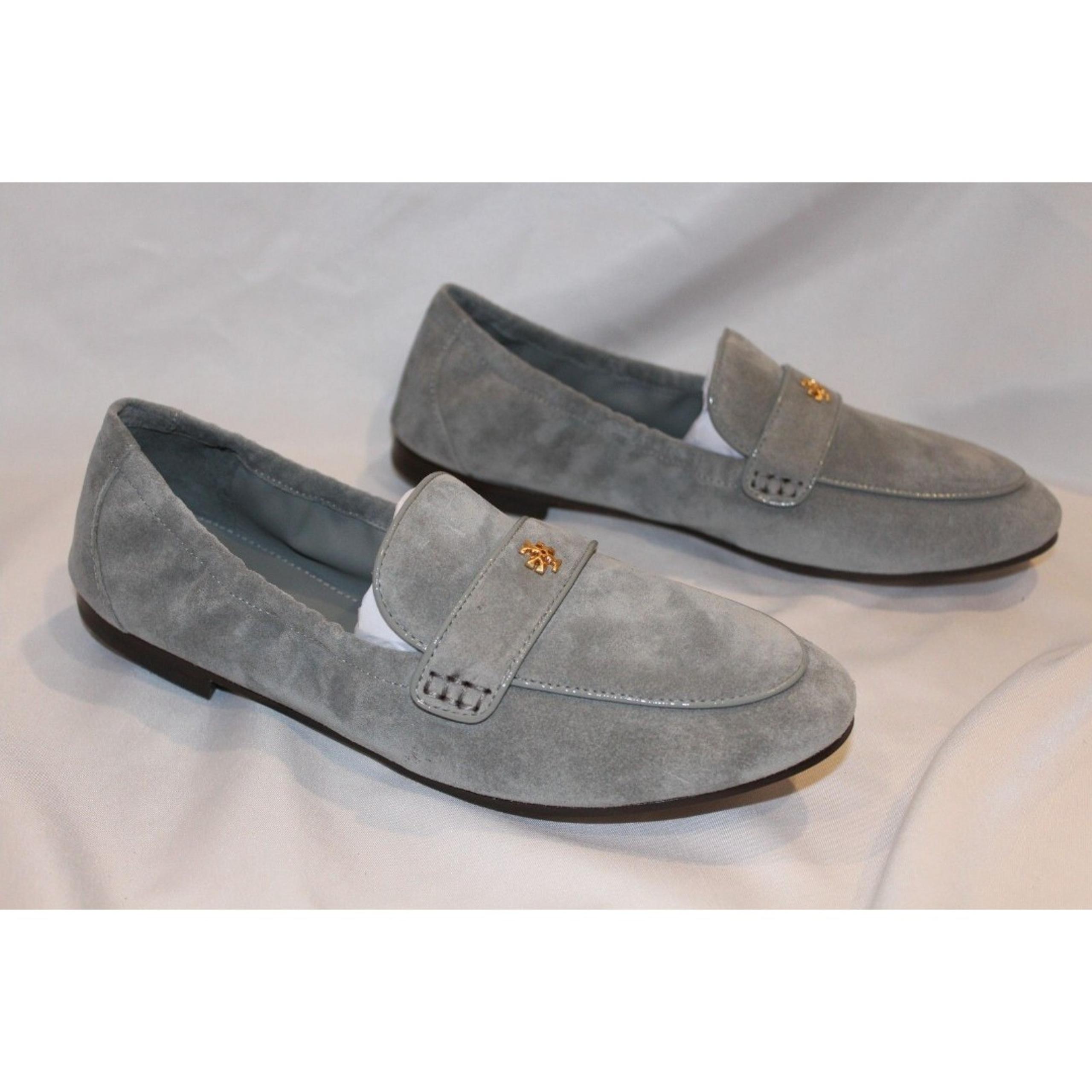 Tory Burch Women's Suede Double T Ballet Loafer Blue Lapis/Gray NIB $268