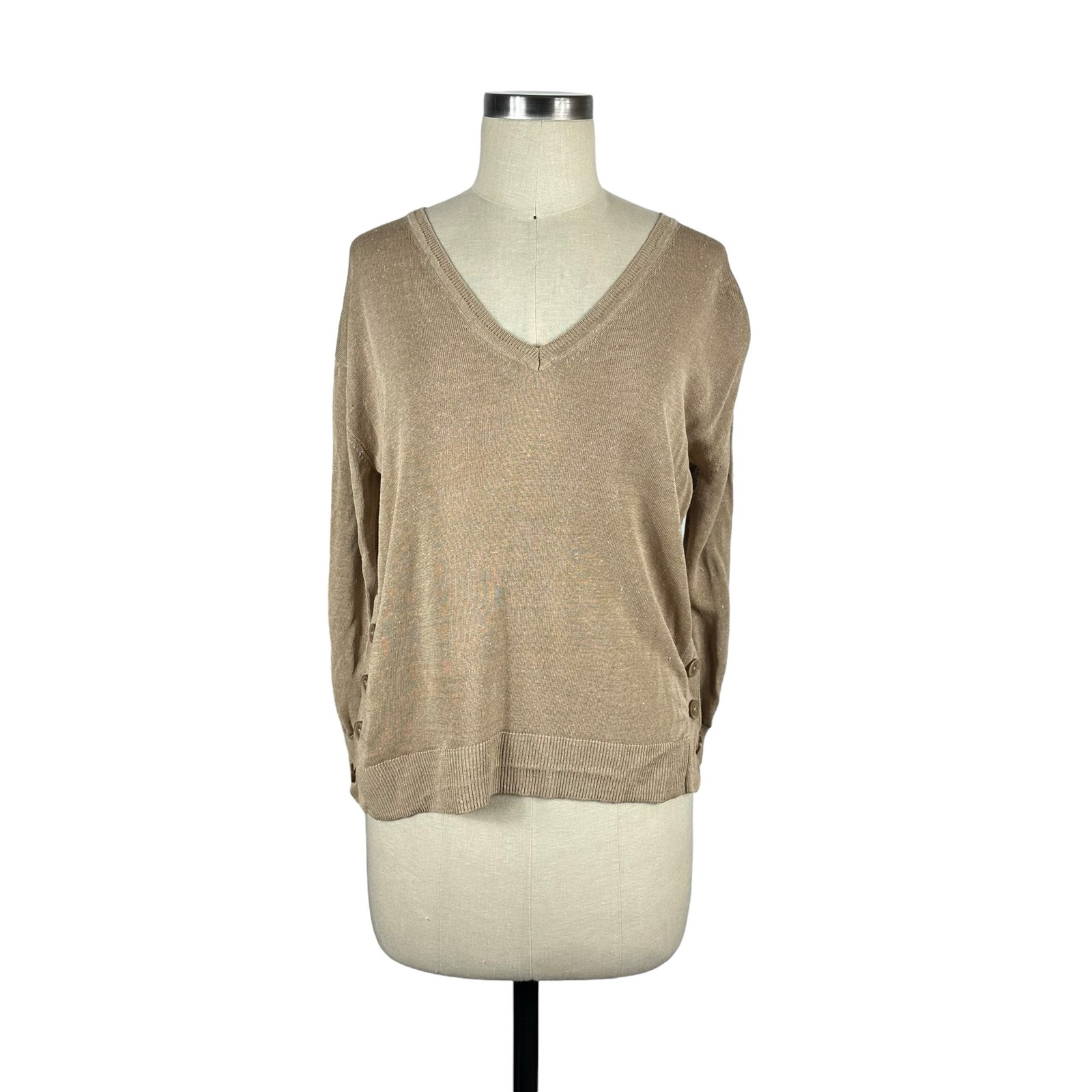 J CREW Tan Brown V-Neck Sweater Side Buttons Linen Blend Women's Size Medium
