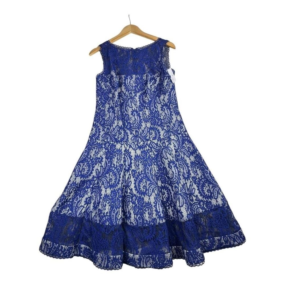 NWOT Tadashi Shoji Corded Lace Spacer Mesh Fit and Flare Dress size Large Blue