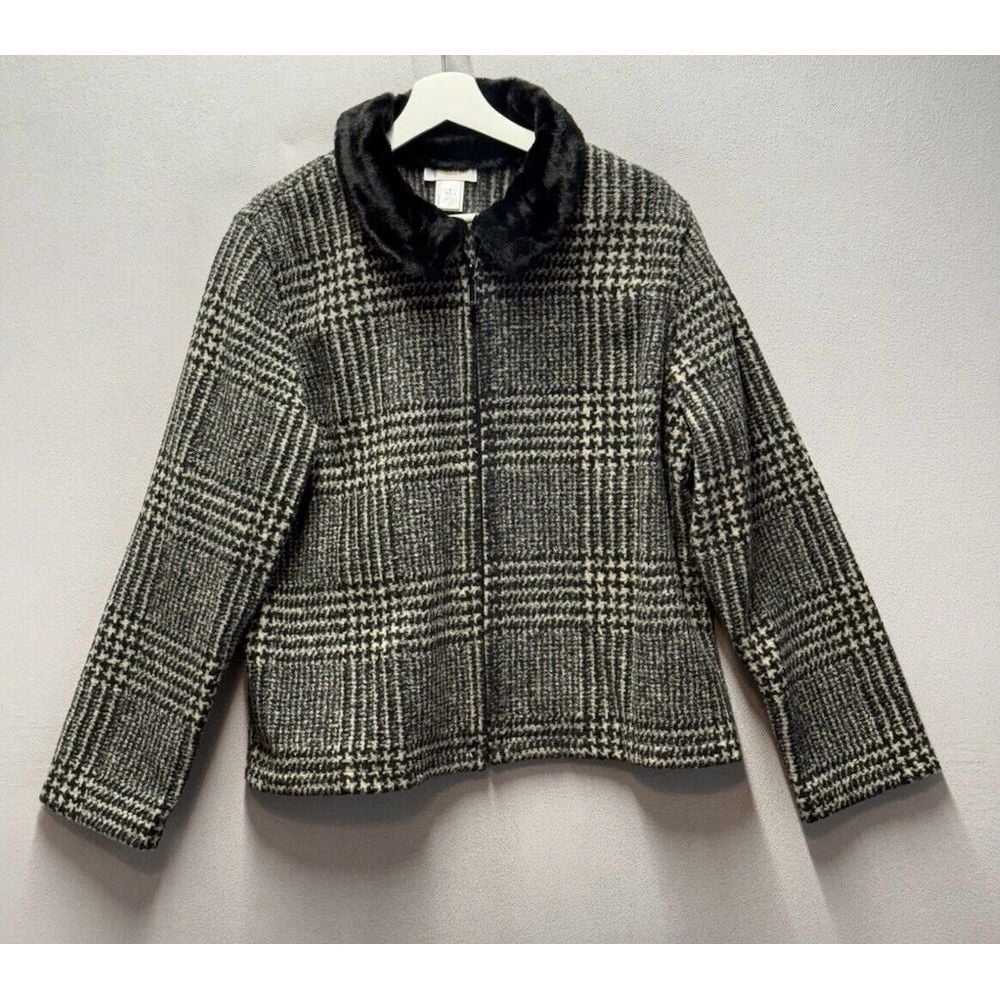 Vintage Talbots Women's Sz L Houndstooth w/ Black Faux Fur Collar Short Jacket