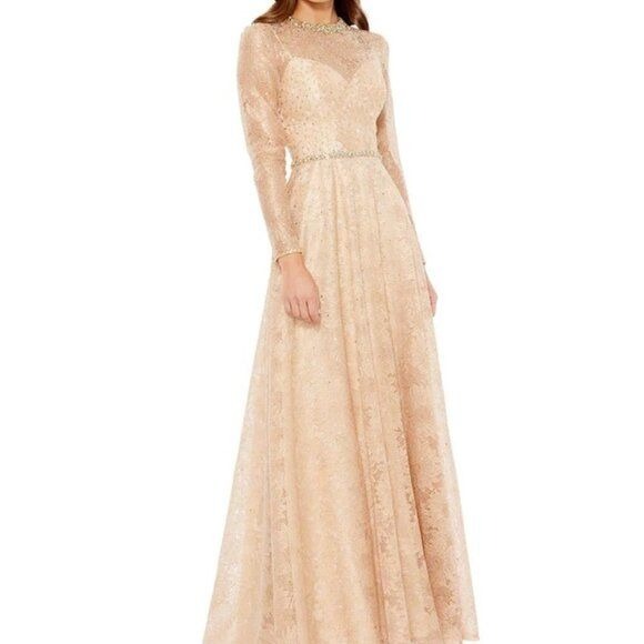 NEW Mac Duggal Long Sleeve Floral Sequin Lace A-Line Gown Size 6