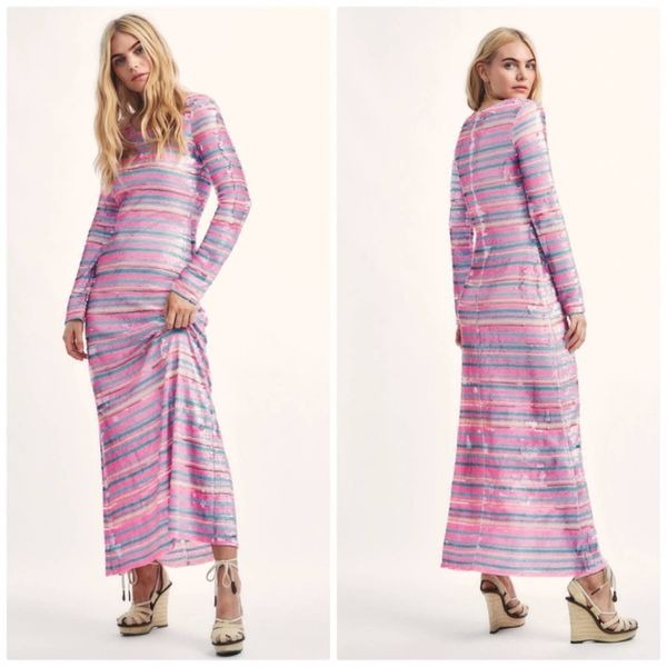 LoveShackFancy Avalyn Striped Maxi Sequin Dress Size 0