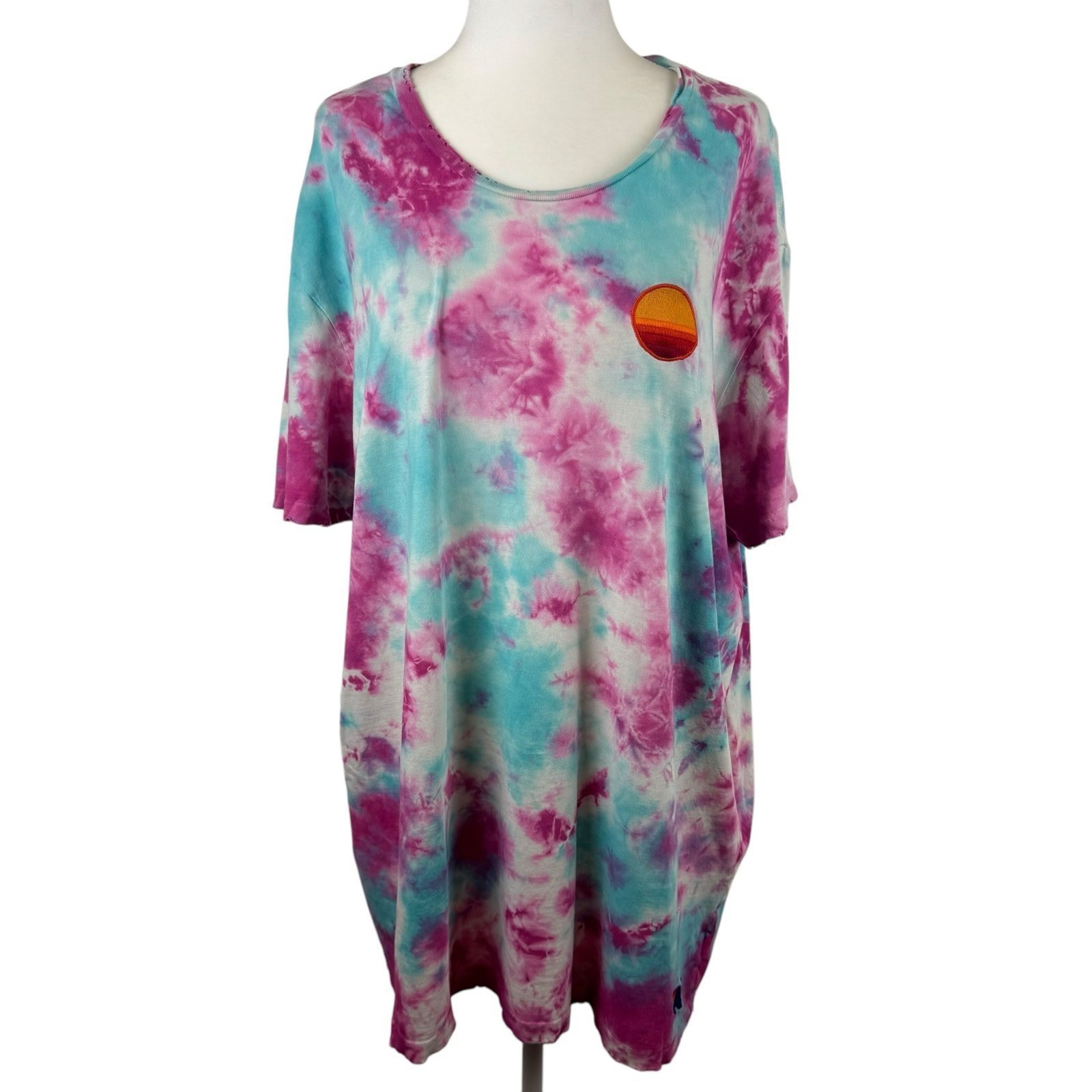 Aviator Nation Womens Pink and Blue Tie Dye T-Shirt Sz XXL | Pocket Patch Grunge