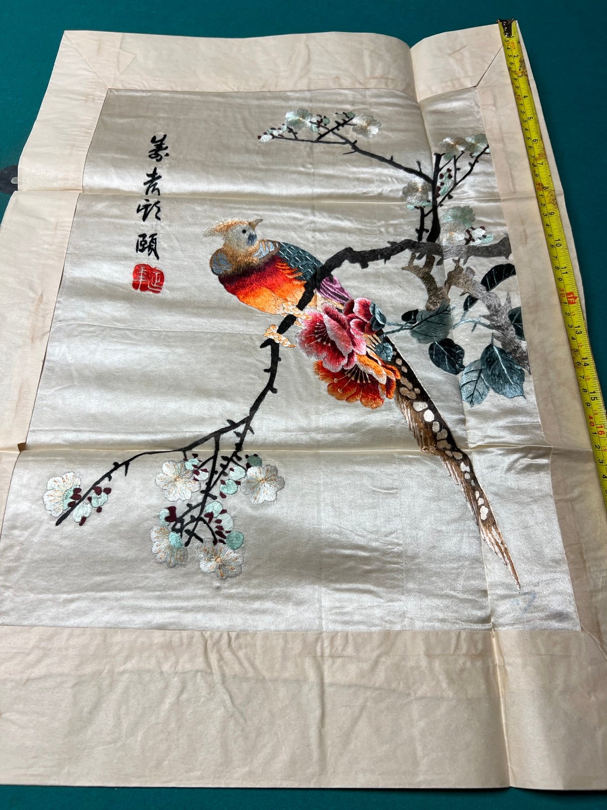 Vintage aging King silk panel for framing pheasant in tree
