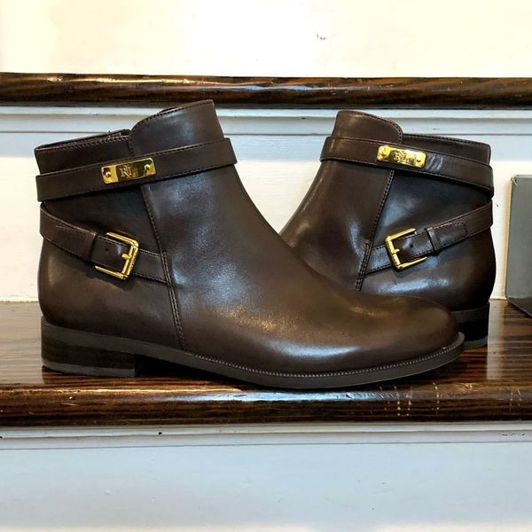 RALPH LAUREN Brown Burnished Calf Skin Leather Ankle Boots With Belts Sz 7 NIB