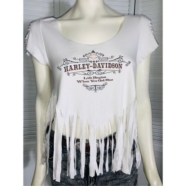 Harley Davidson White Fringe T-Shirt Woodstock 2006 HD Medium