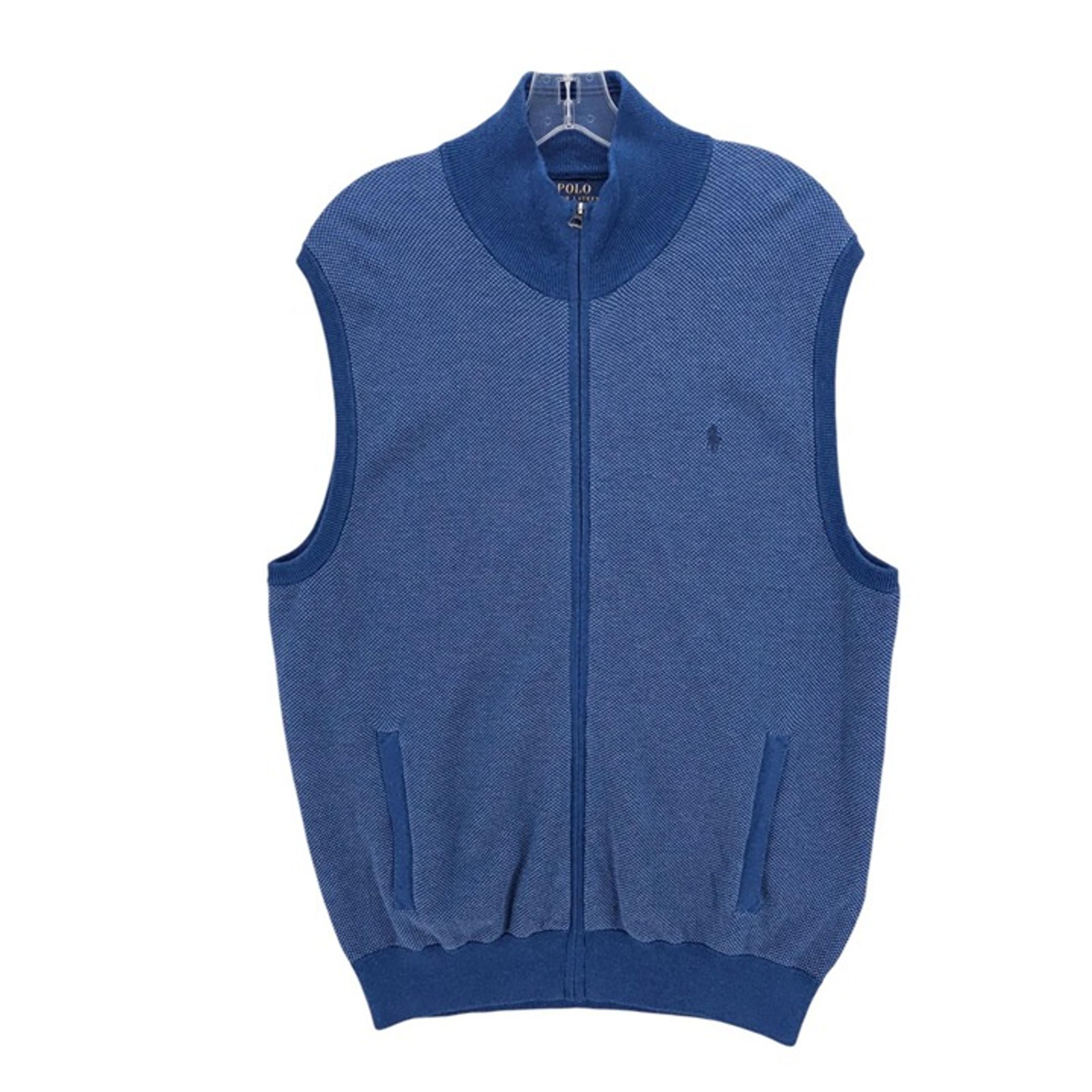 POLO RALPH LAUREN Blue Pima Cotton Sweater Vest Full Zip Logo Men's LARGE