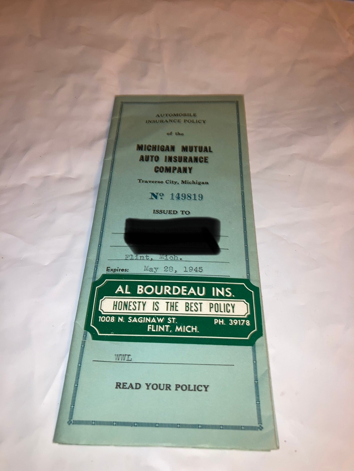 WWII 1940’s Michigan Mutual Automobile Insurance Policy Statement