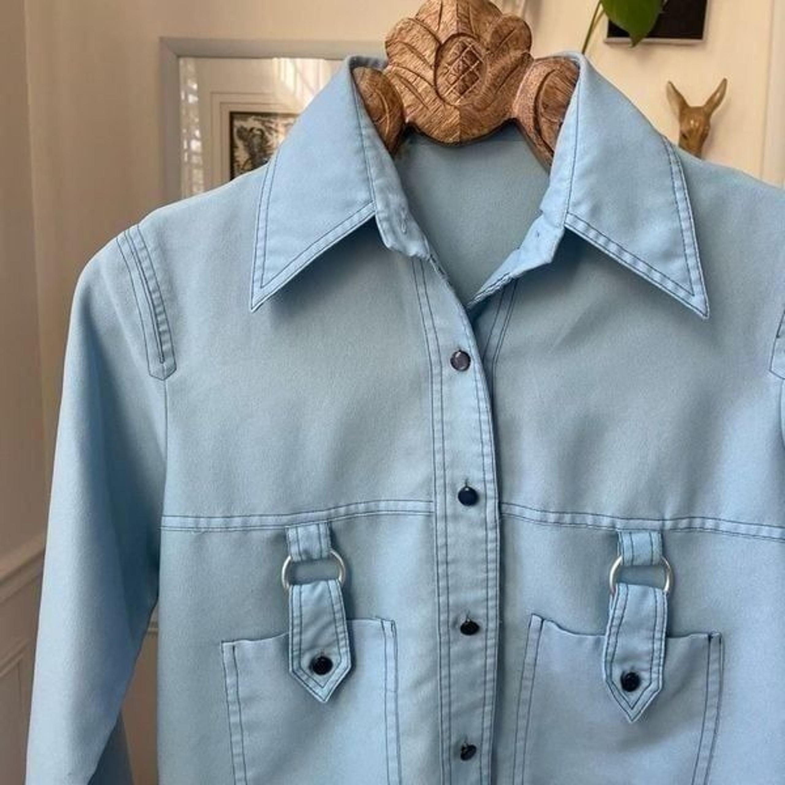 Vintage 70s Unbranded Pointy Collar Button Up Shirt Blue M