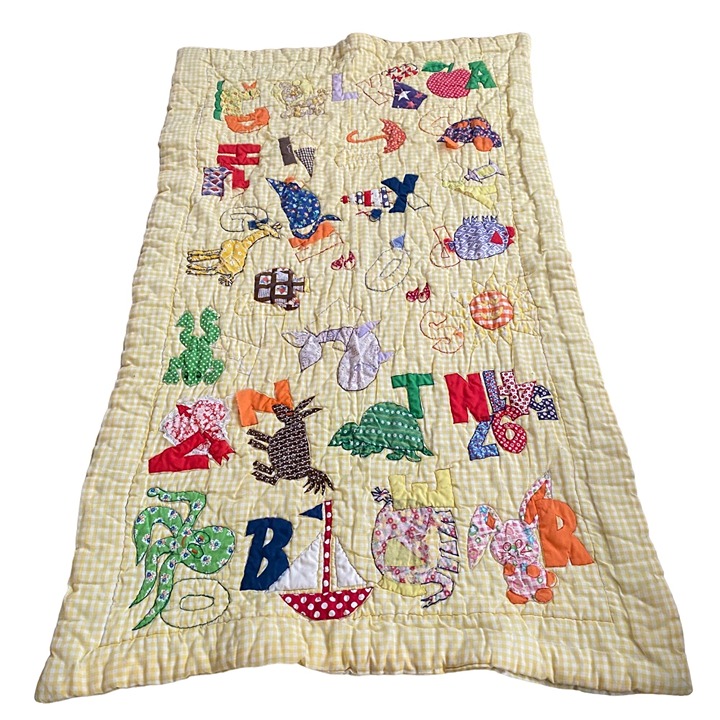 Vintage alphabet quilt blanket applique yellow gingham zoo giraffe octopus kids