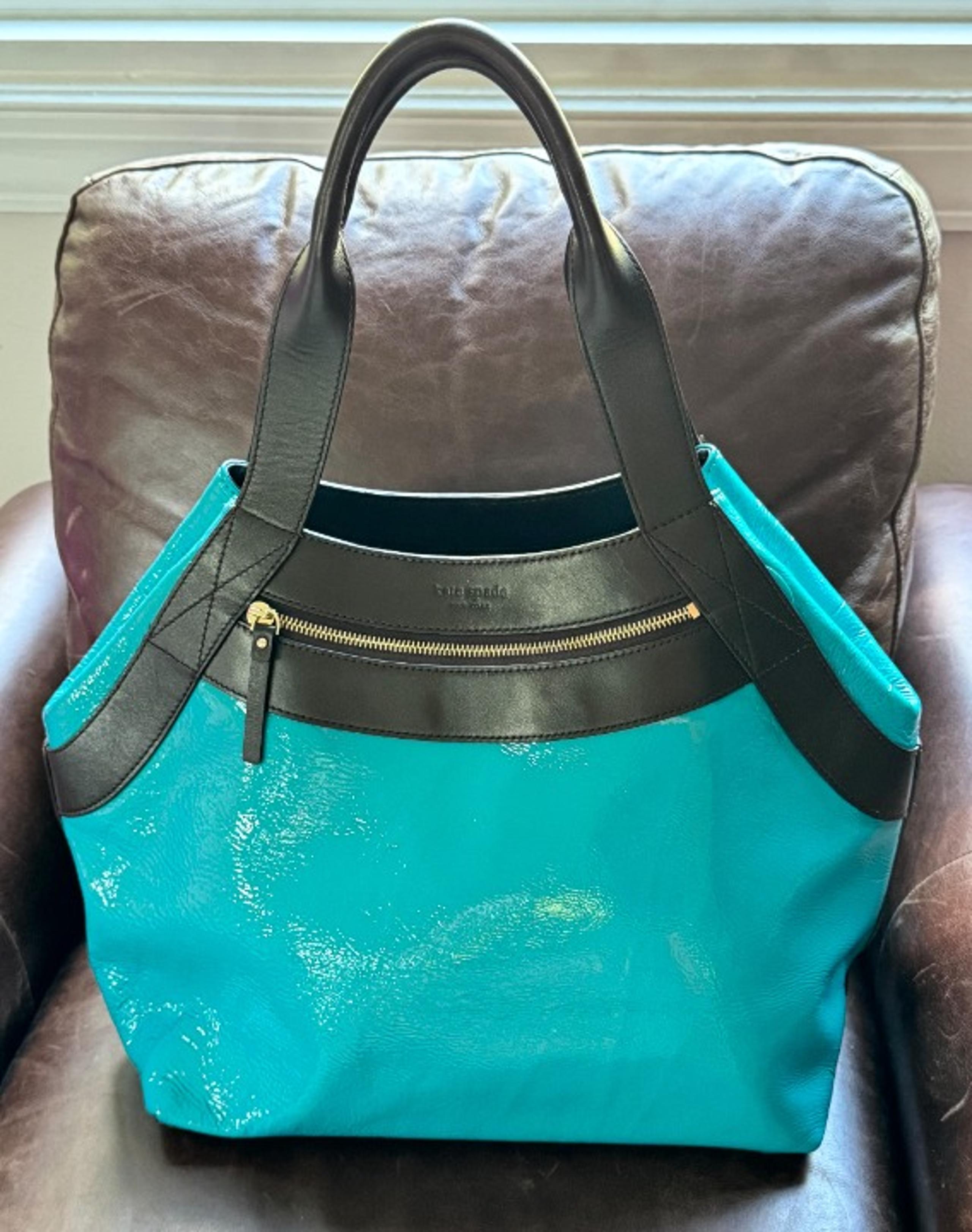 Kate Spade Leather Bag Tote Bag Brown & Teal Patent – Excellent Condition