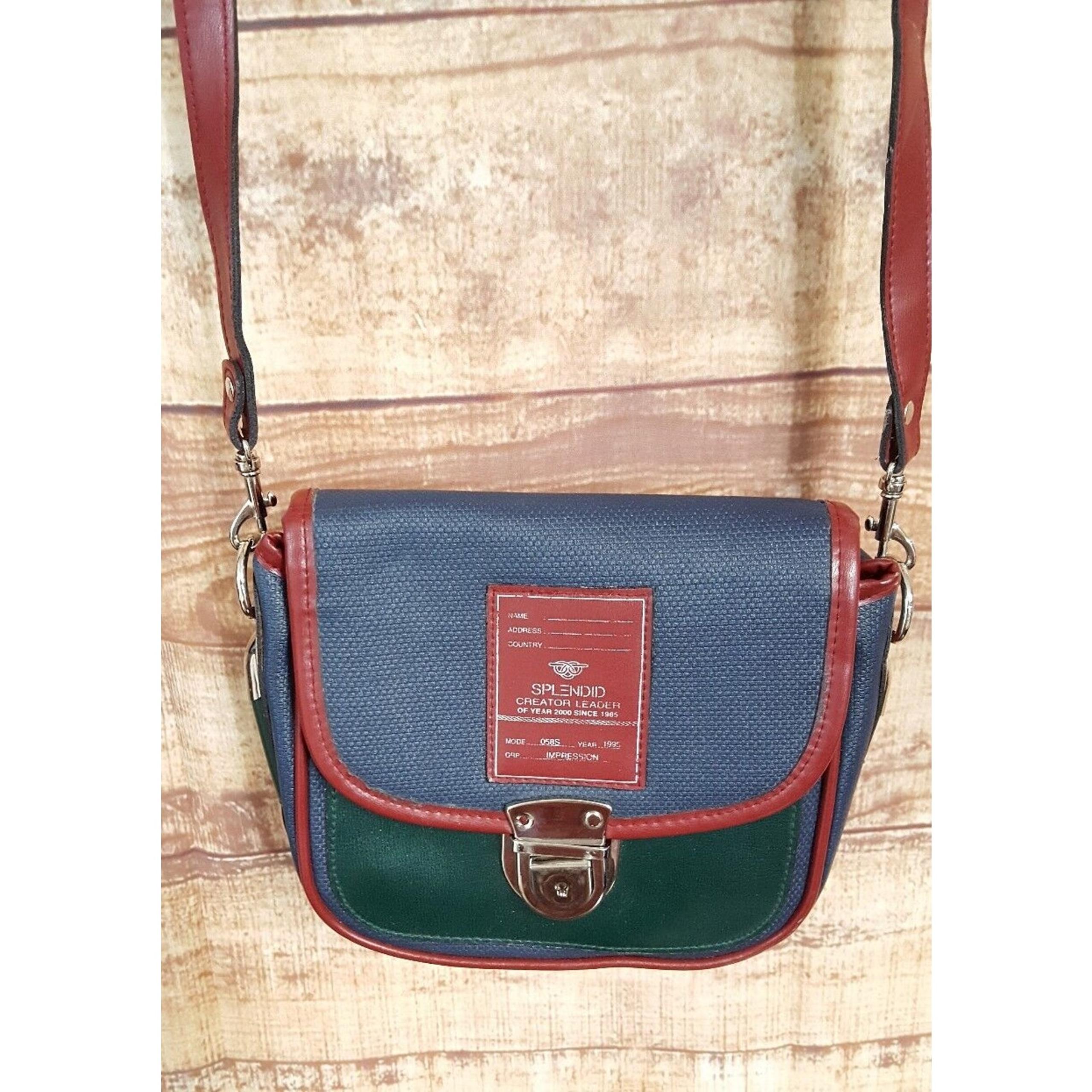Splendid Impression Crossbody Leather Shoulder Hardbody Purse Navy Green Defect