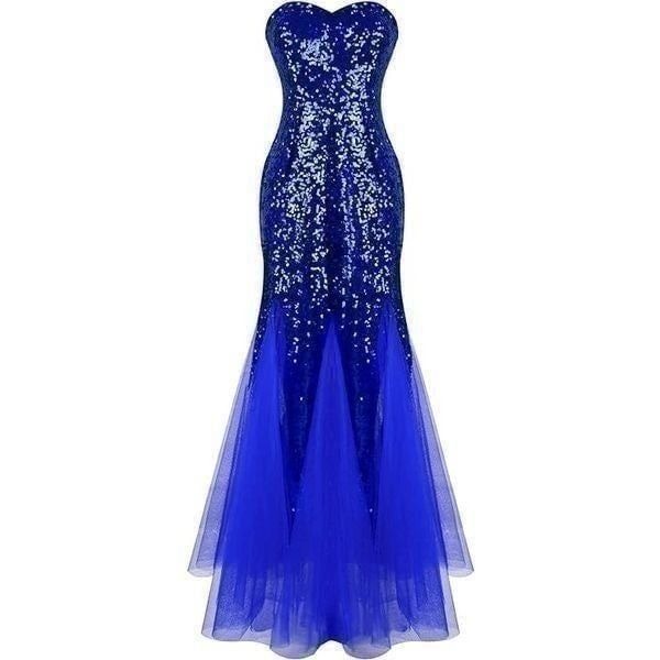 Formal Mermaid Strapless Blue Sequin Long Tulle Gown Maxi Dress SIZE XXL NWT