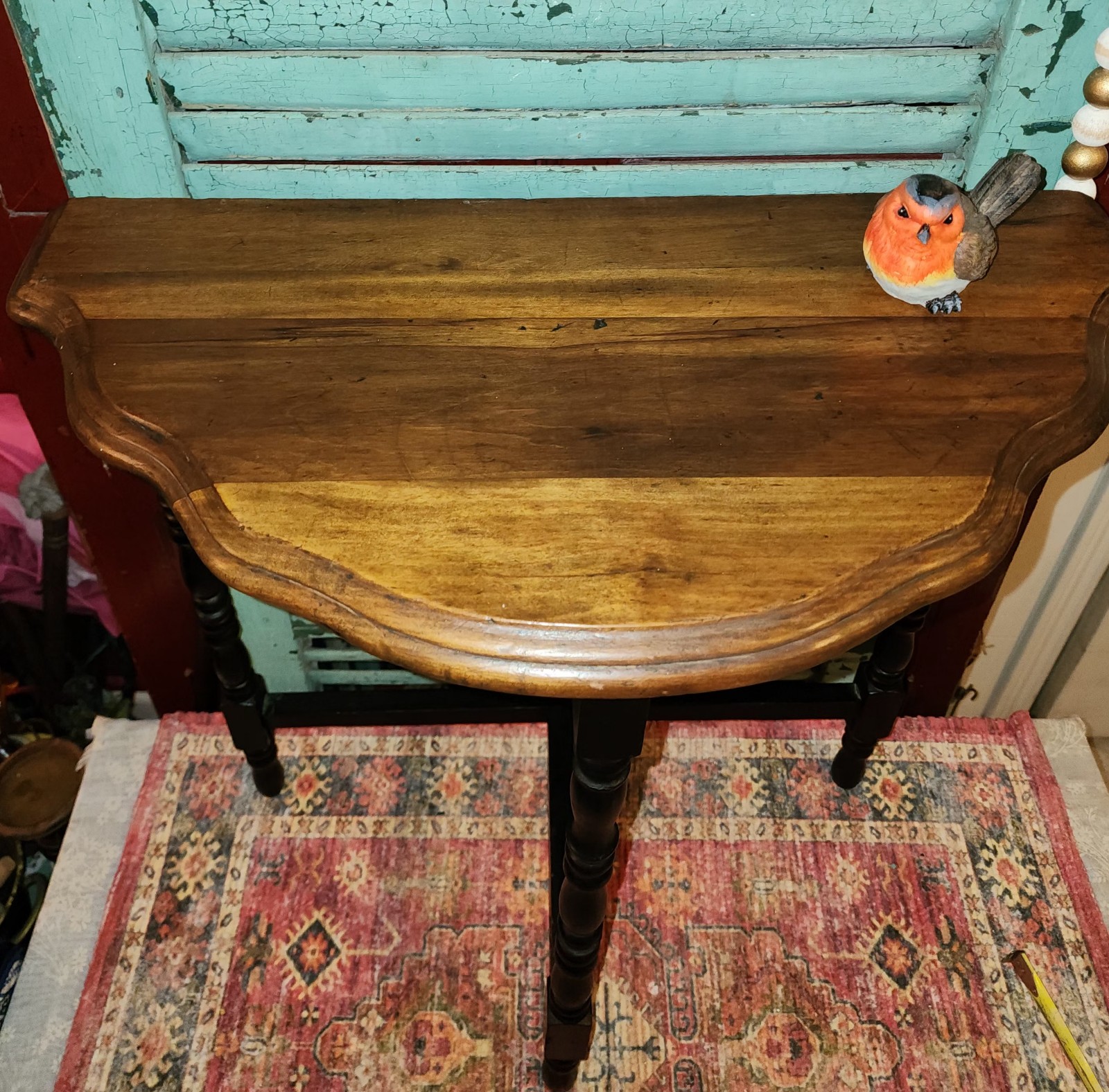 Antique Half Moon 3 Legged Table (Top Oak Stain, Legs Painted Black)