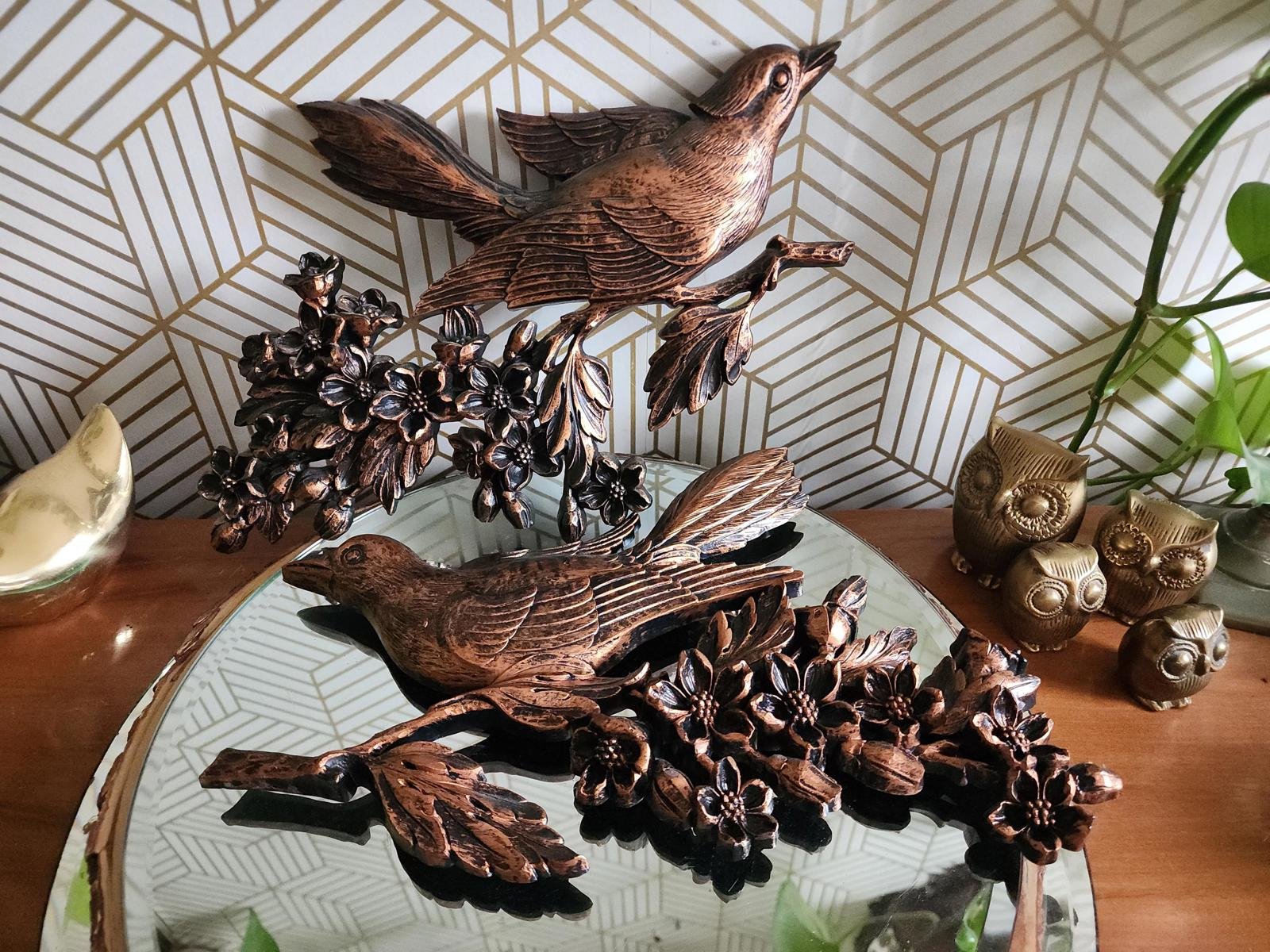 Vintage Dart Coppergraft Birds and Cherry Blossom Dogwood Flower Wall Hangings