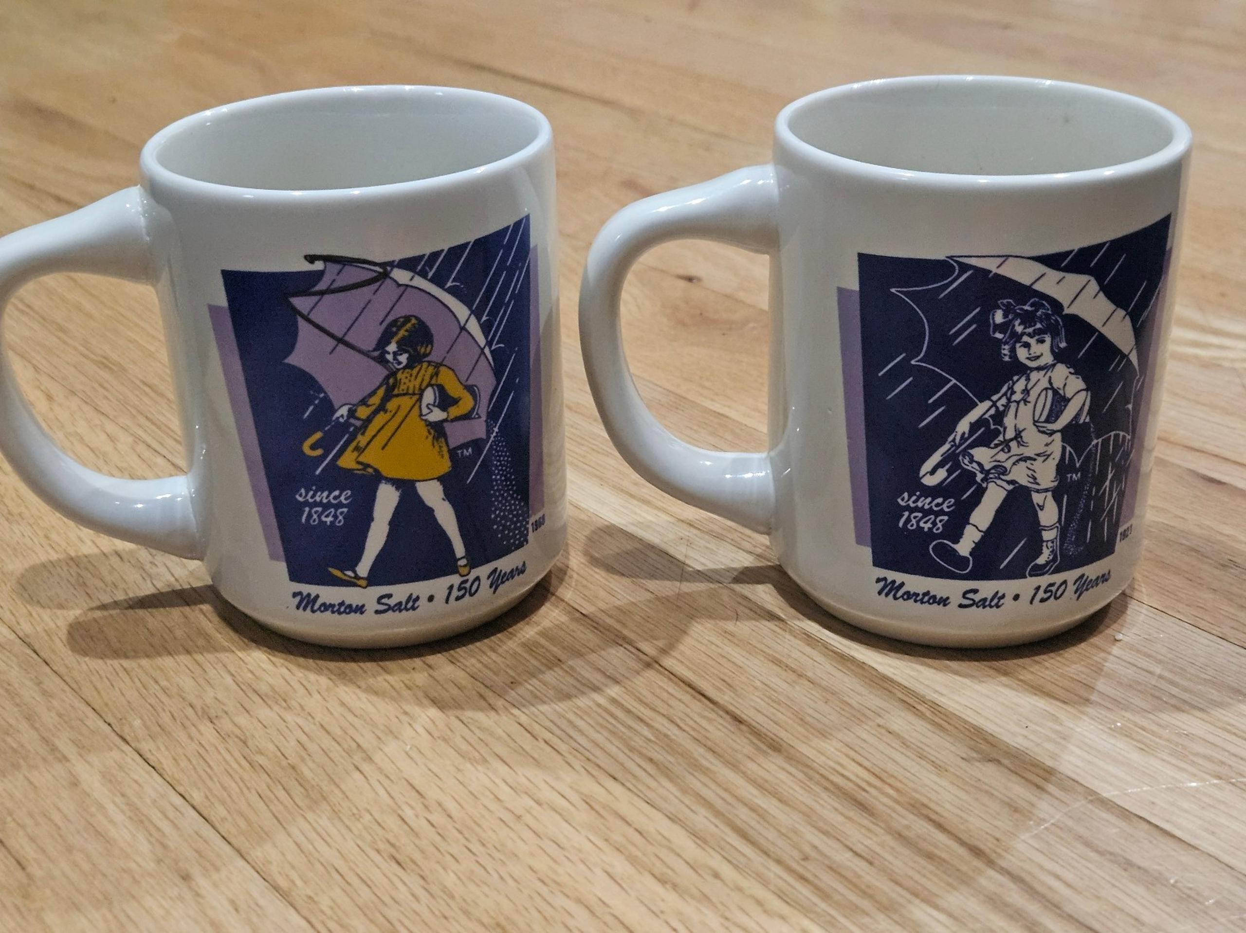 Vintage Mortons Salt Commemorative Coffee Mugs, set of 2. 150 years