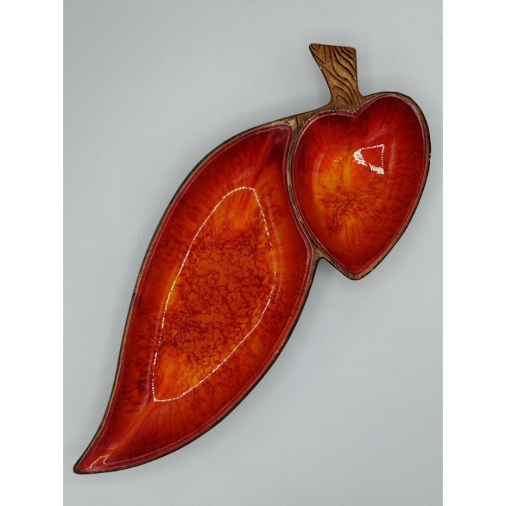 Vtg Treasure Craft Divided Relish Chip Dip Serving Bowl Dish Red Orange Fire