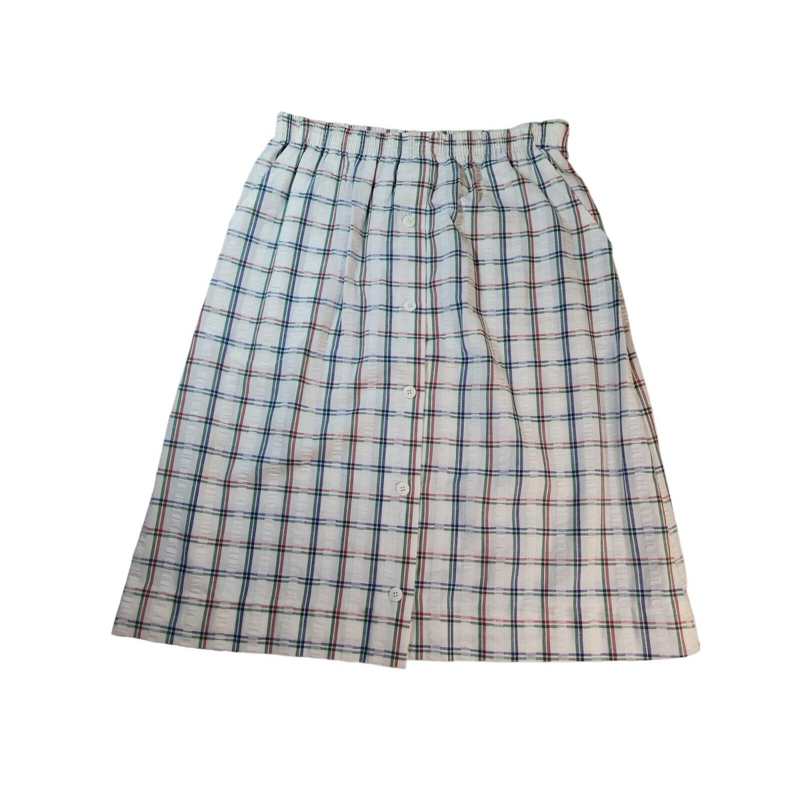 Vintage 80s Skirt Windowpane Grid Checker Plaid White Blue Medium