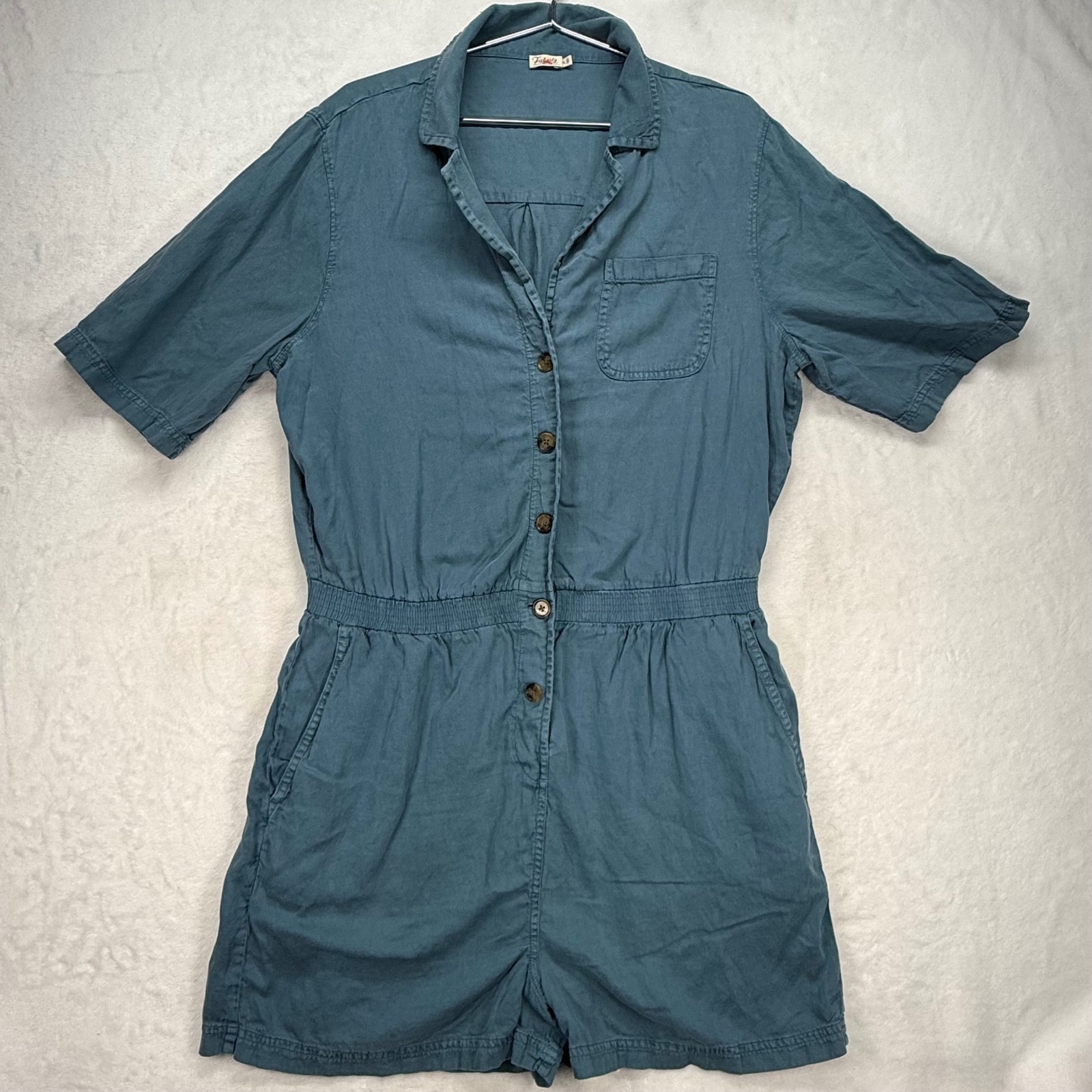 Faherty Romper Linen Blend Button Down Short Sleeve Blue Jumpsuit XL
