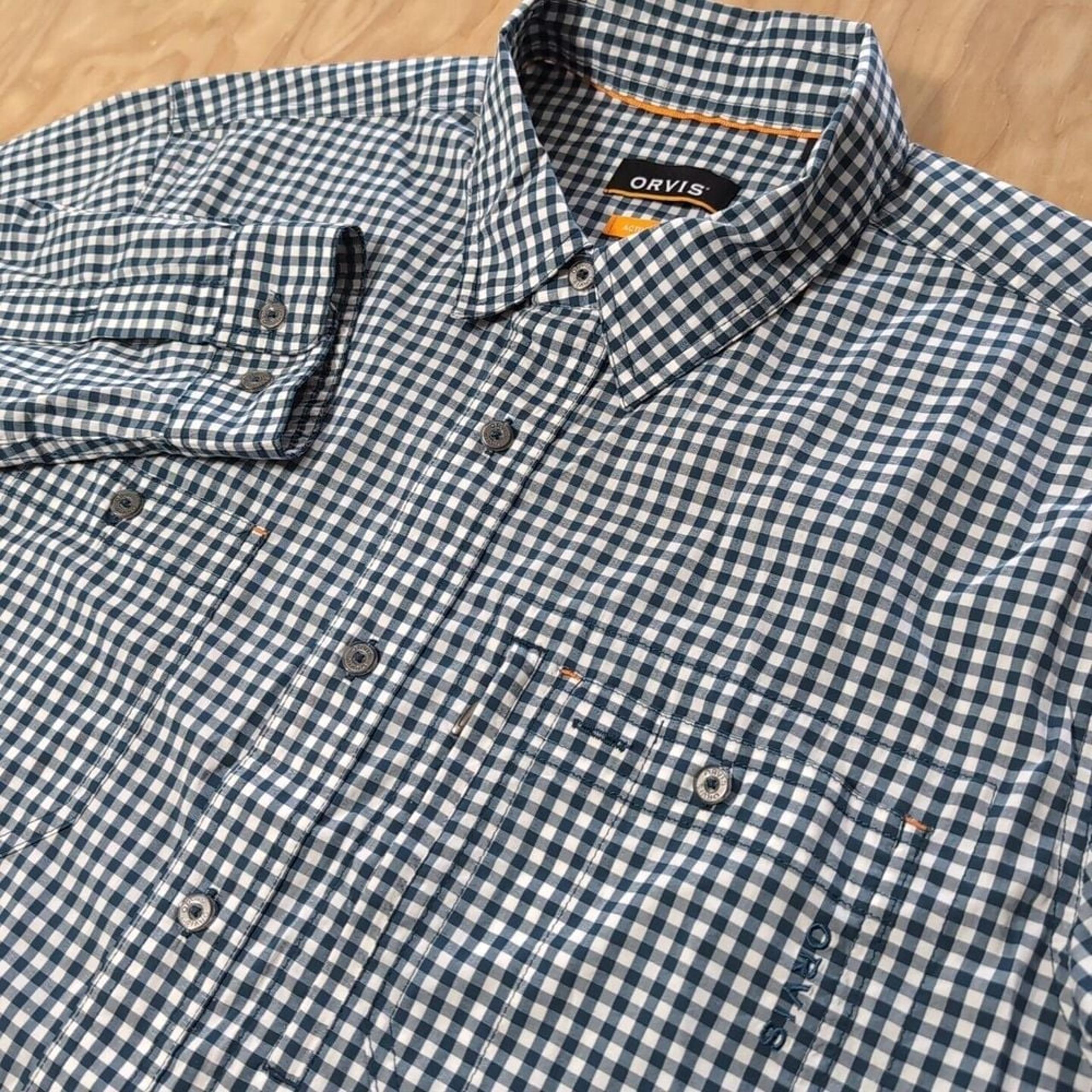Orvis Men's L Button Up Plaid Active Fit Performance Zip Pocket Logo Nylon