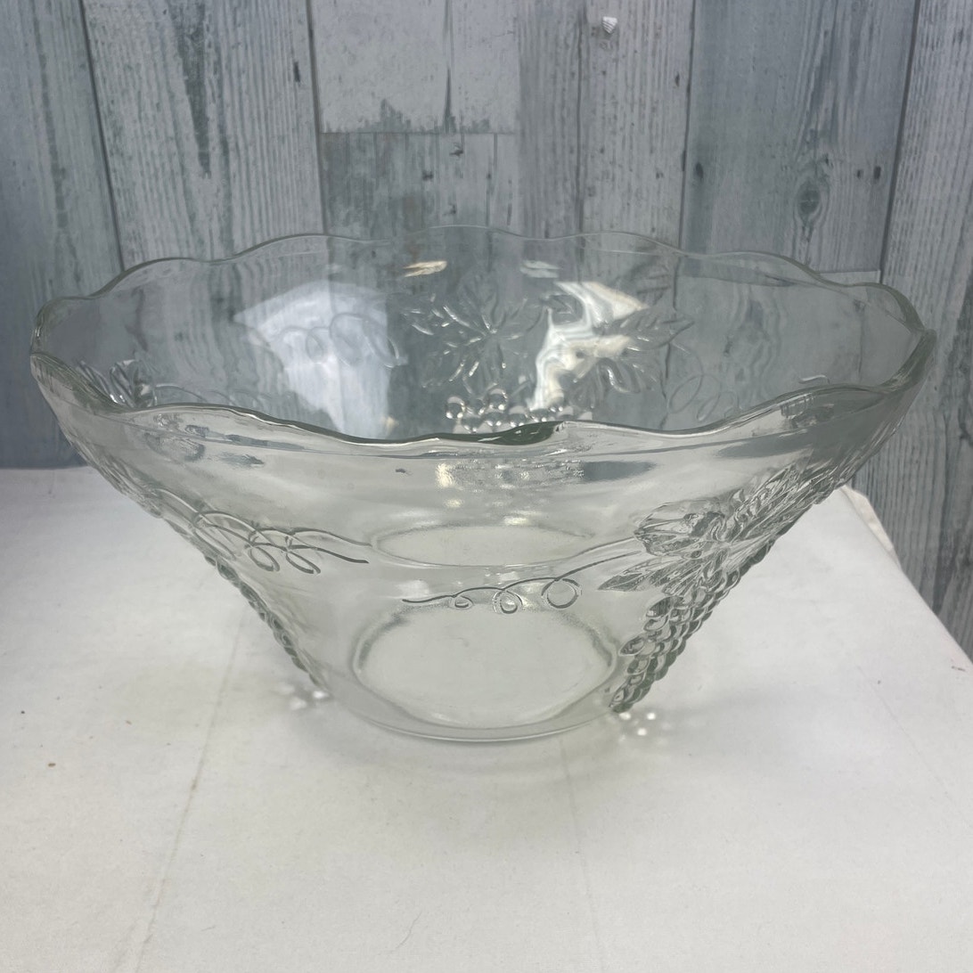 Vintage Large Heavy Thick Clear Glass Grape Vine Themed Punch Bowl