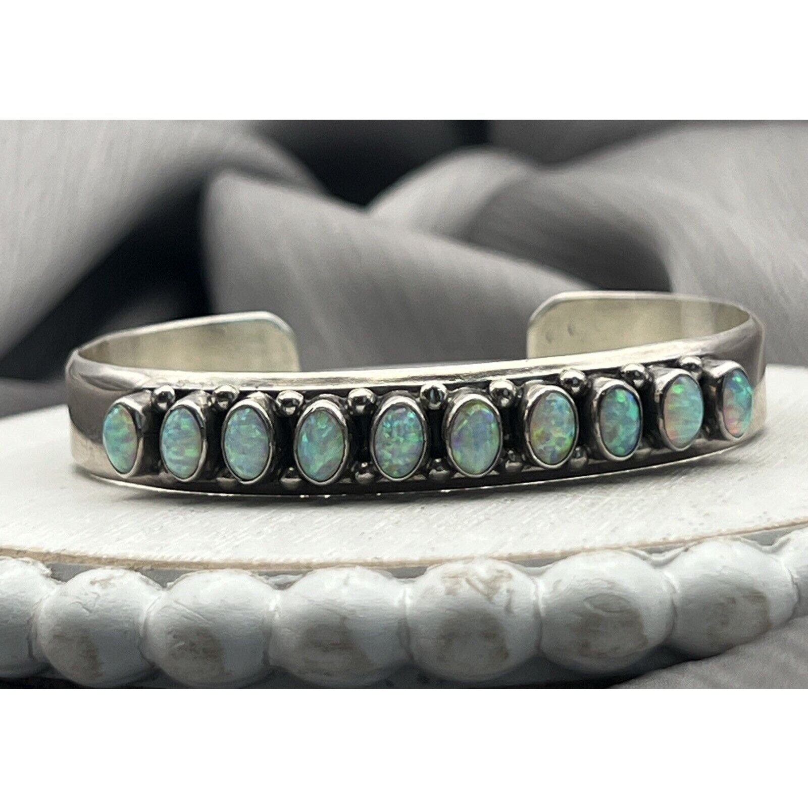 Beautiful Sterling Silver 10 Opal Row Stone Cuff Bracelet