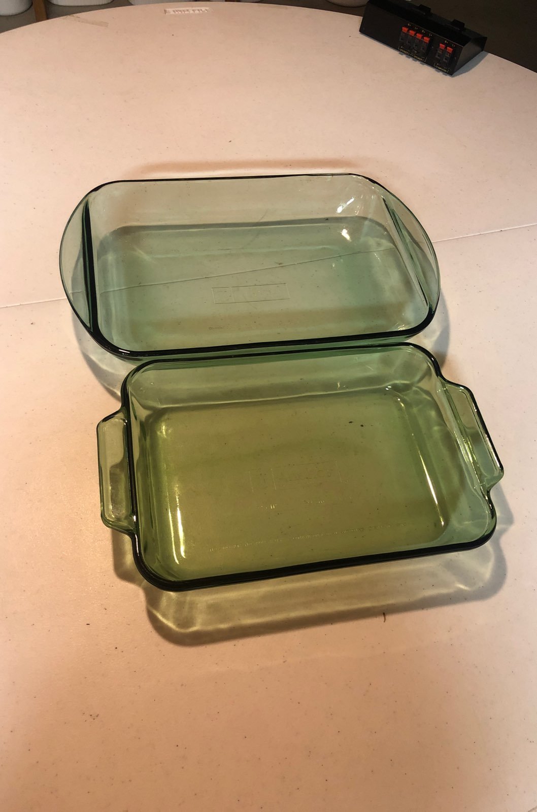 2 of green glass Anchor hocking bakeware