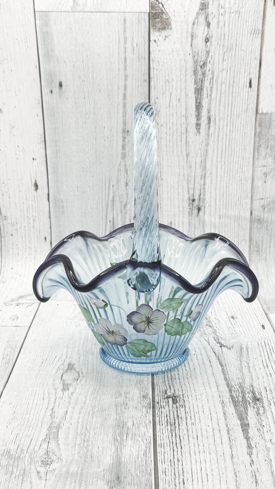 Vintage Fenton Ice Blue Amethyst Trim, Hand Painted Ribbed Glass Basket signed