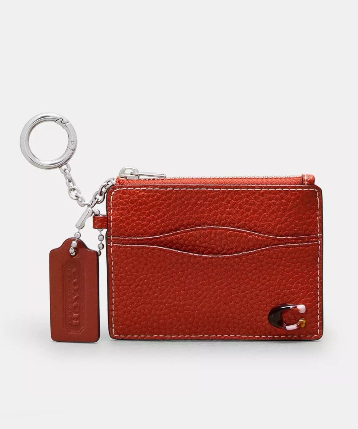 Coach Coachtopia Leather Wavy Zip Card Case w/ Keyring Wallet in Deep Orange NWT