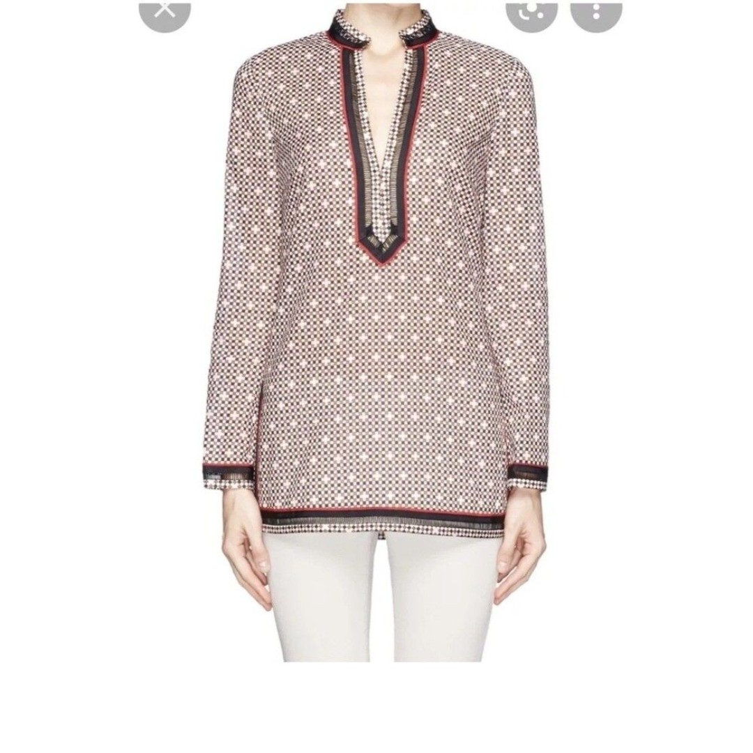Tory Burch 295 Tory Tunic Long Sleeve Top 6 Six Desert Sand Dotted Squares Euc