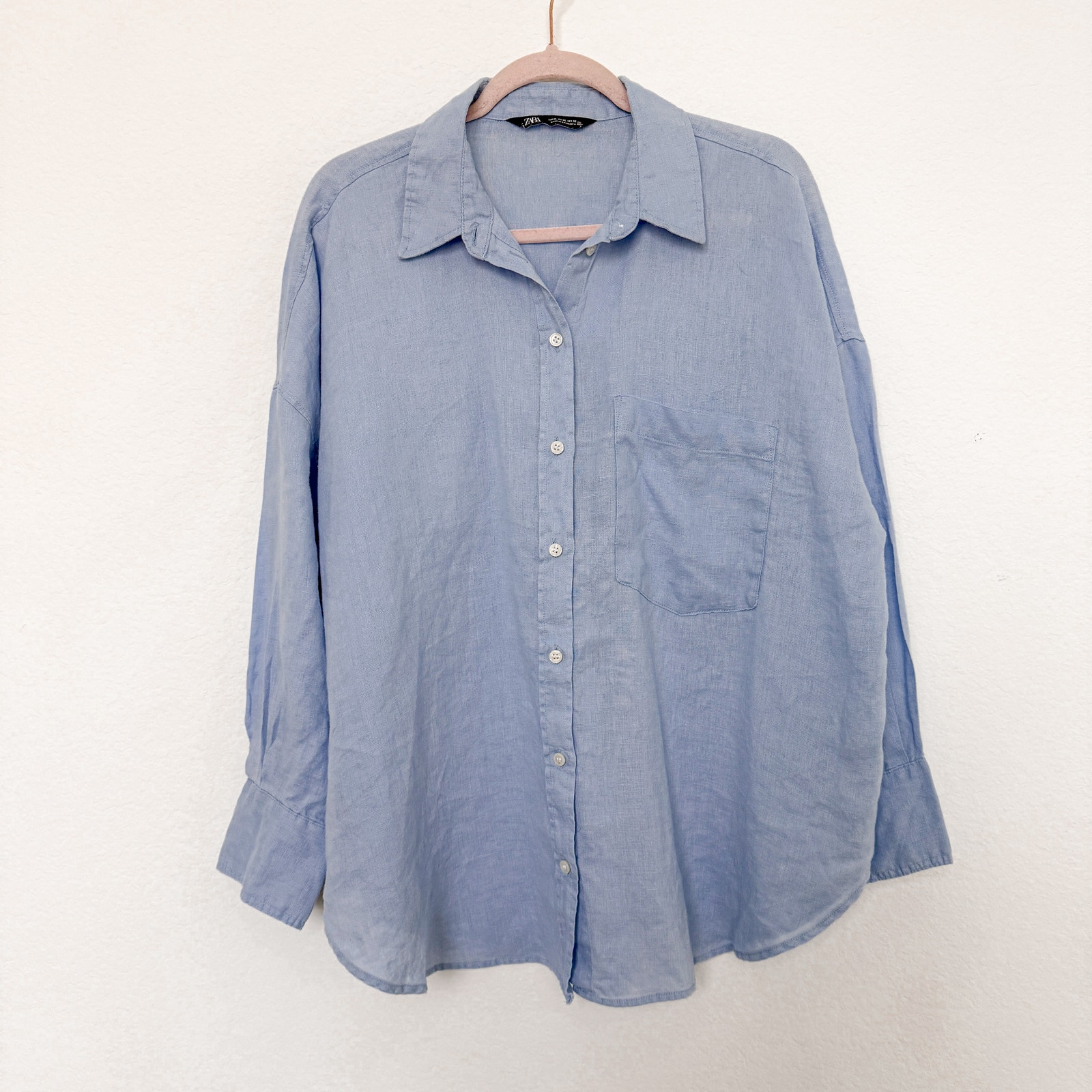 Zara Womens Shirt Size XL Blue Long Sleeve Linen Button Down Coastal Minimalist