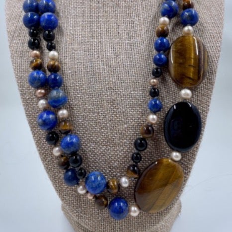 Sterling Lapis, Tigers Eye, Black Onyx Pearl Beaded Necklace