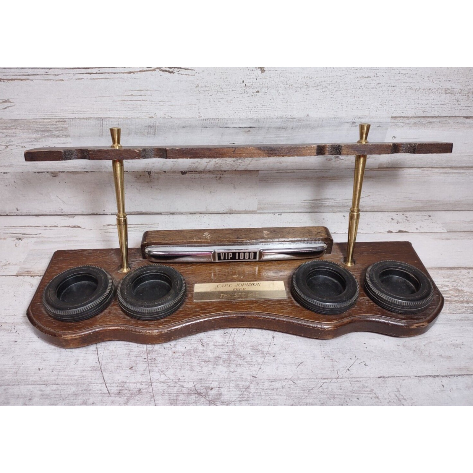 Vintage Enesco Metal Wood Car Tires Cigar or Pipe Stand VIP 1000 Gold Name Plate